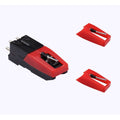 Turntable cartridge replacement set with red stylus housings and black connector blocks