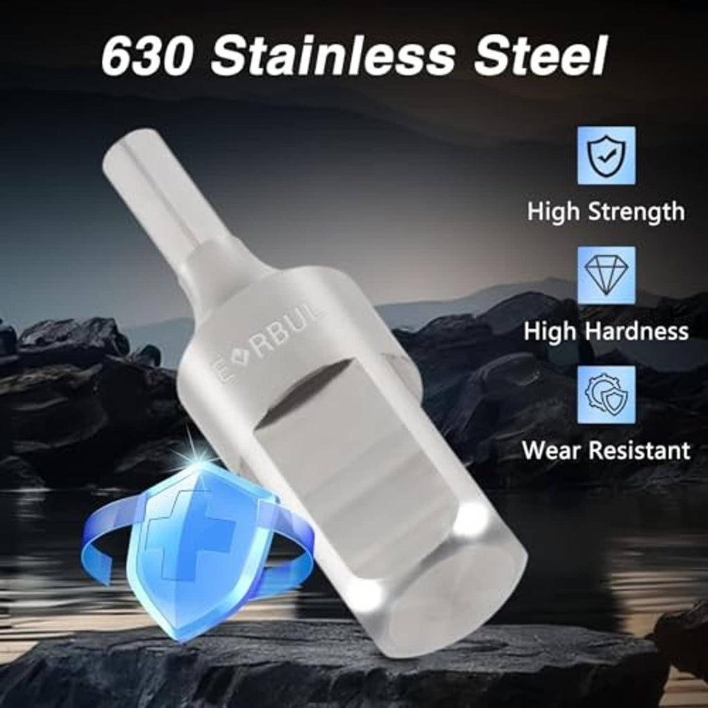 Stainless steel drill adapter for camper jacks, RBSU logo on metal head