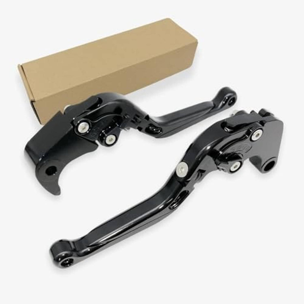 Black folding extendable motorcycle brake and clutch levers, adjustable pivot hardware