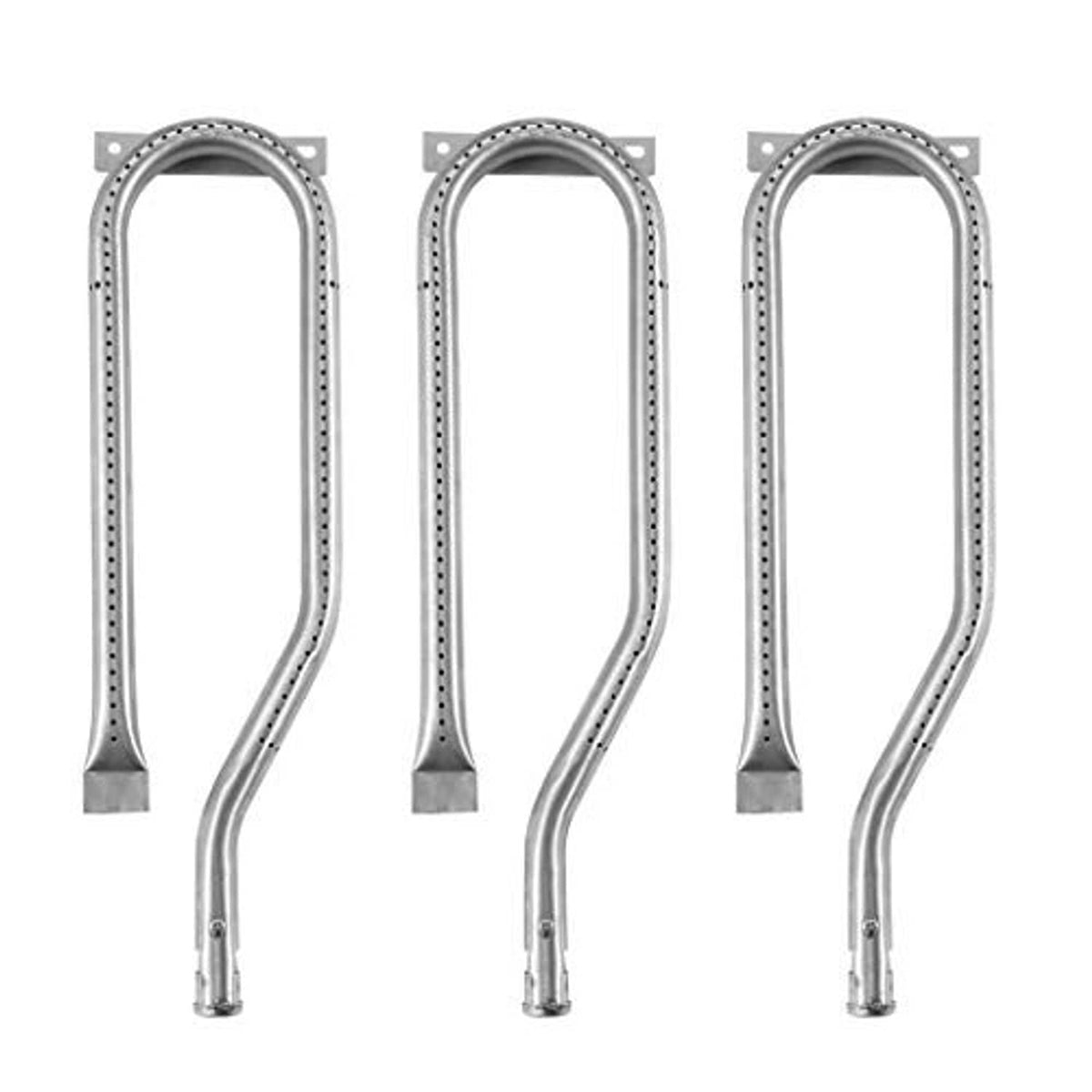 Three U-shaped stainless gas grill burners with end caps and mounting brackets