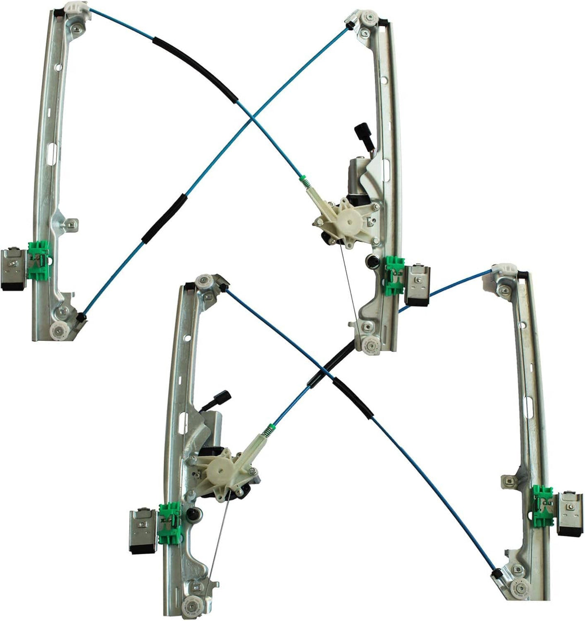 Front left and right power window regulator motor assembly with metal rails