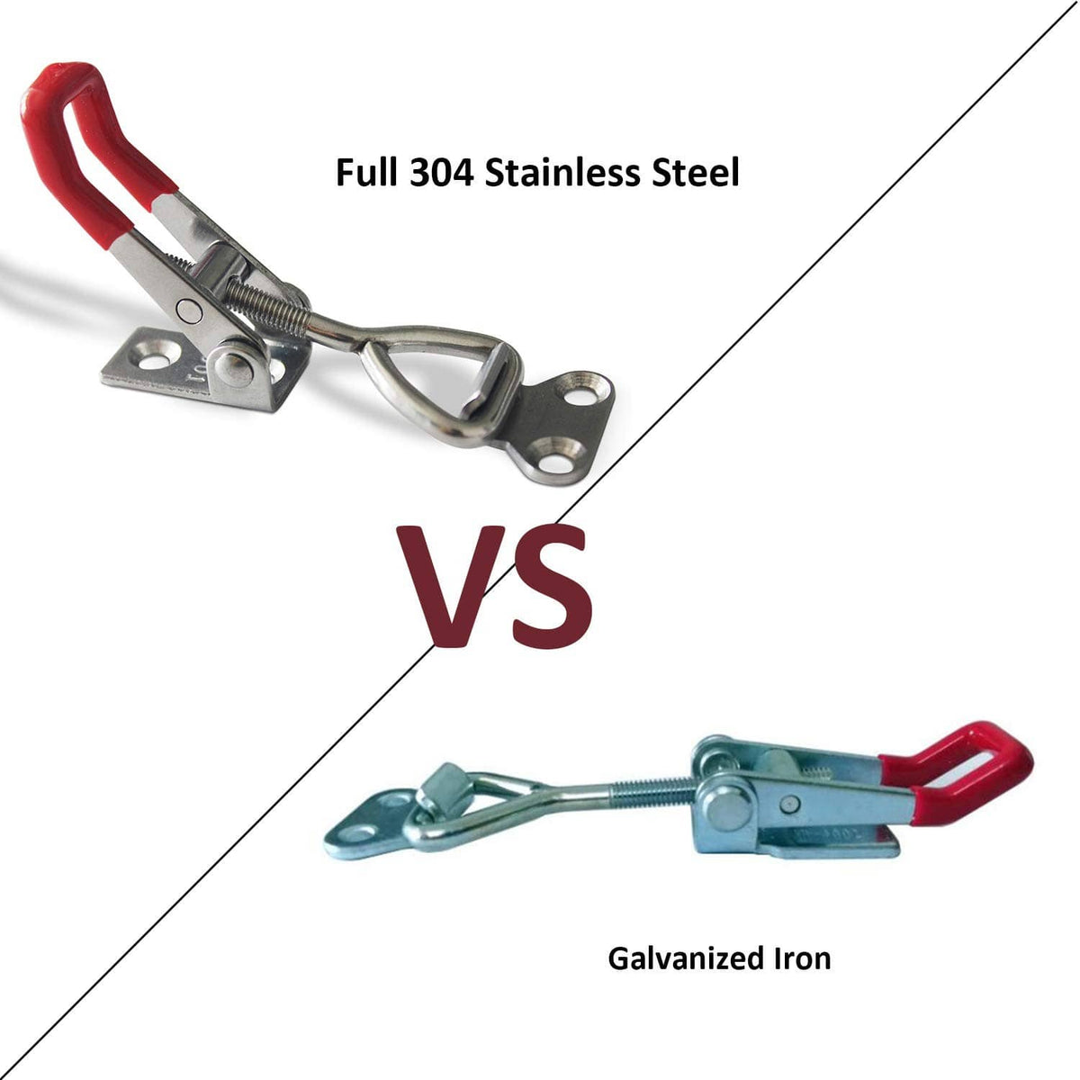 Stainless steel toggle latch clamp with red handle and mounting holes for installation