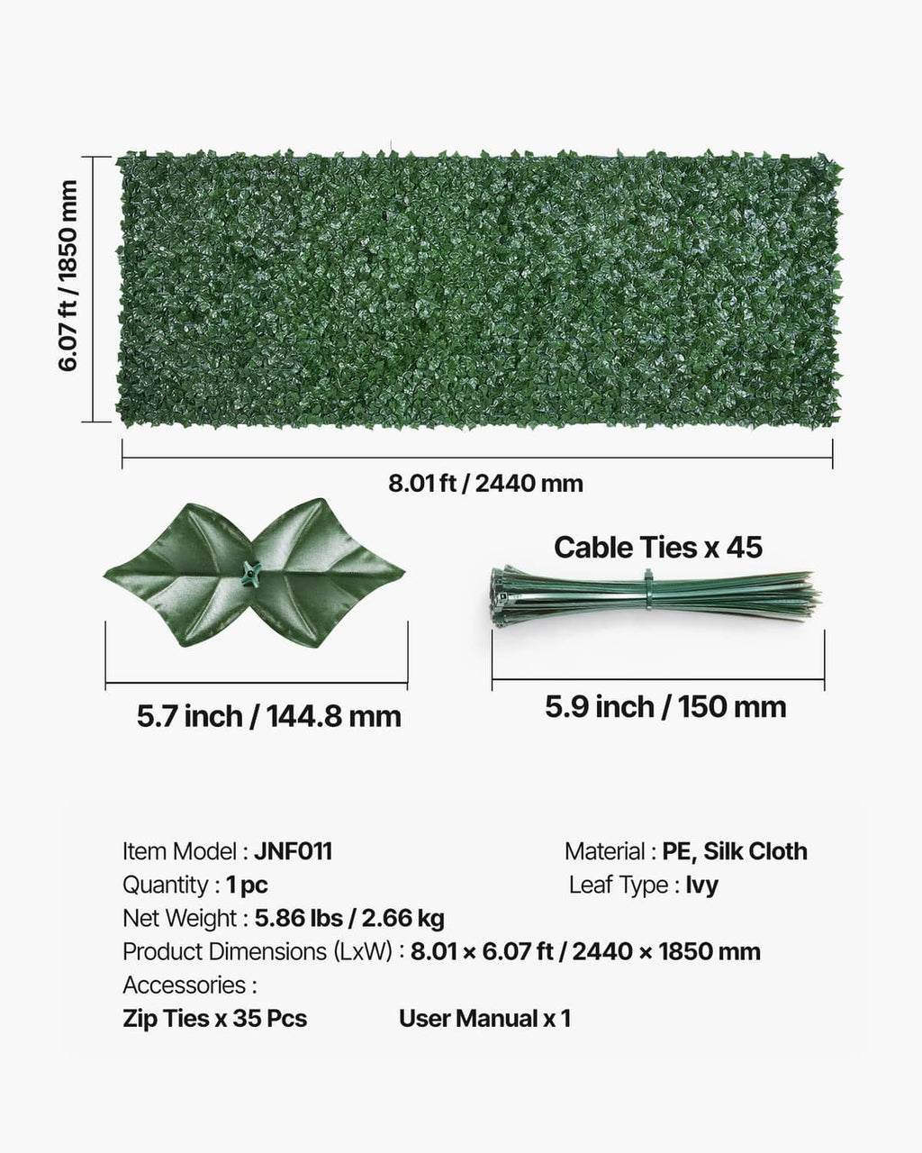 Artificial faux ivy leaf privacy fence dimensions and included cable ties and leaf pieces