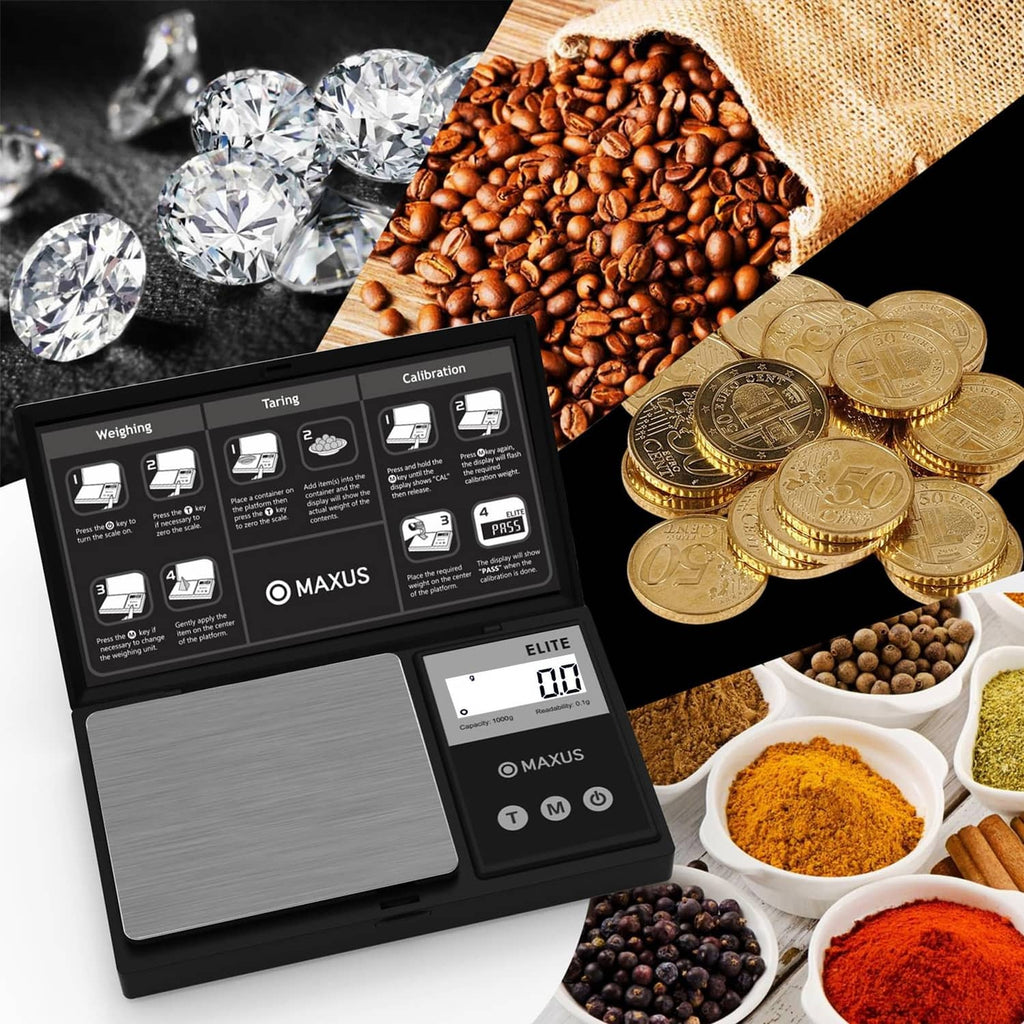 Matte black MAXUS digital gram scale with gray platform and LCD weight reading