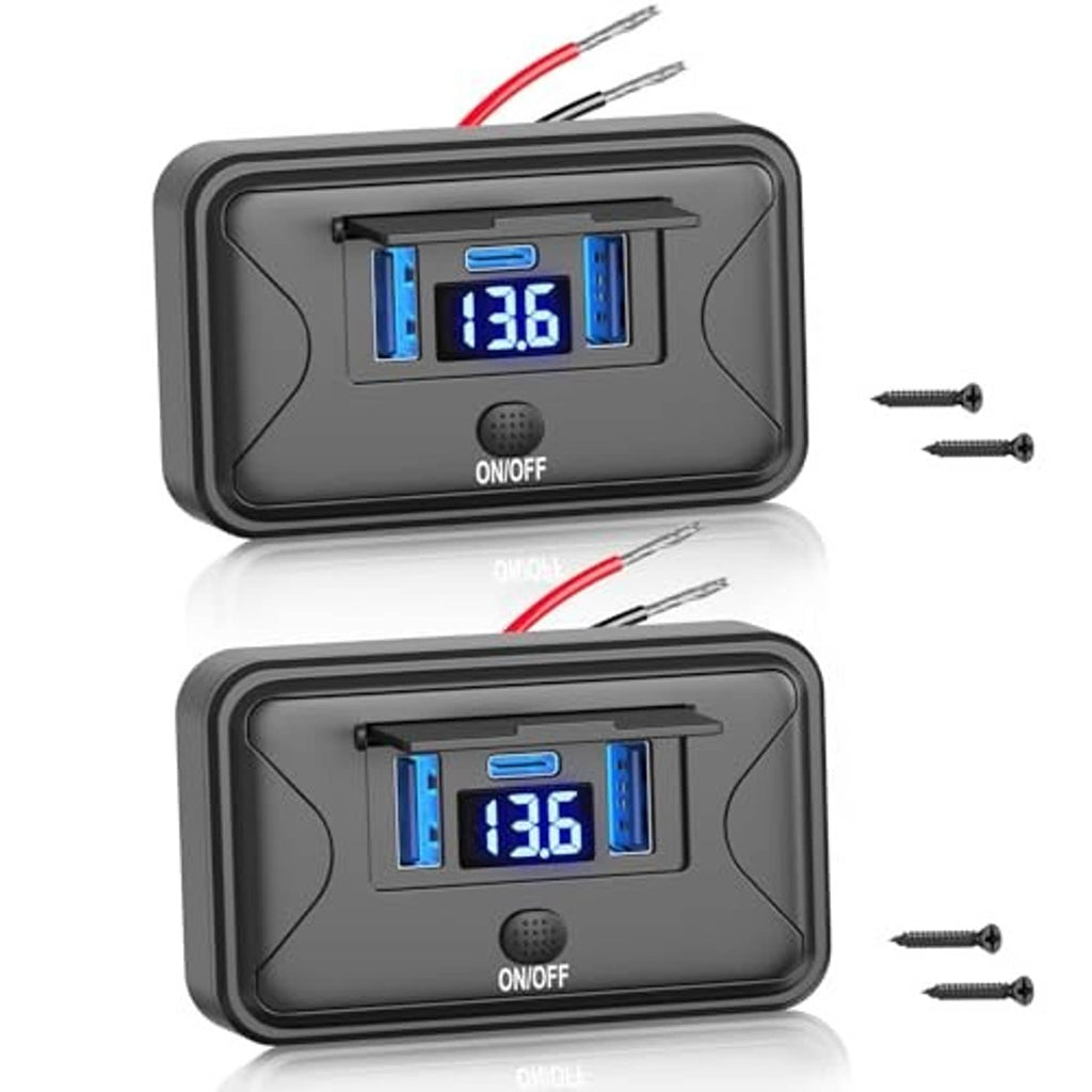 Black wall mount dual USB outlet panel showing 13.6A/13.6V blue screen and ON/OFF