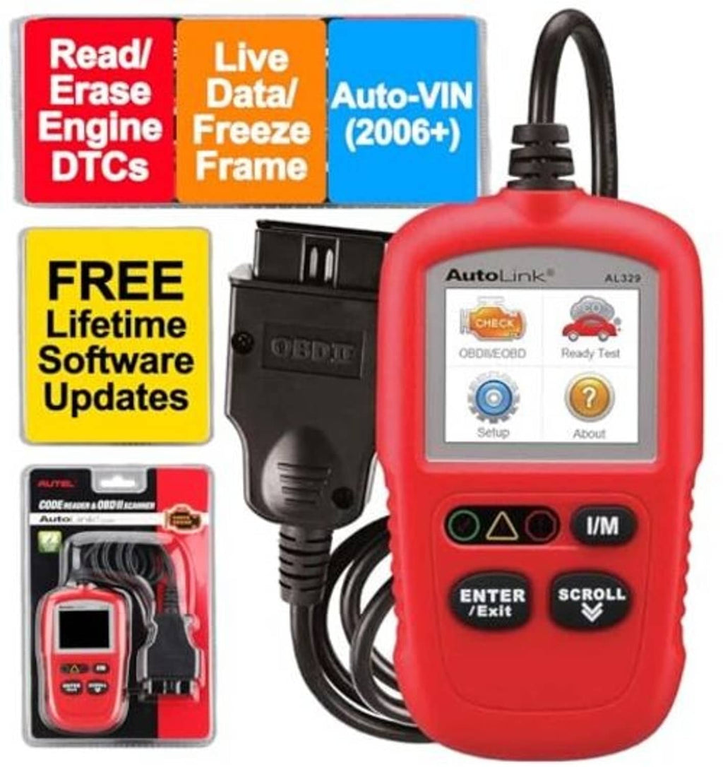 Red handheld OBD2 scanner with screen, buttons, and attached OBD cable.