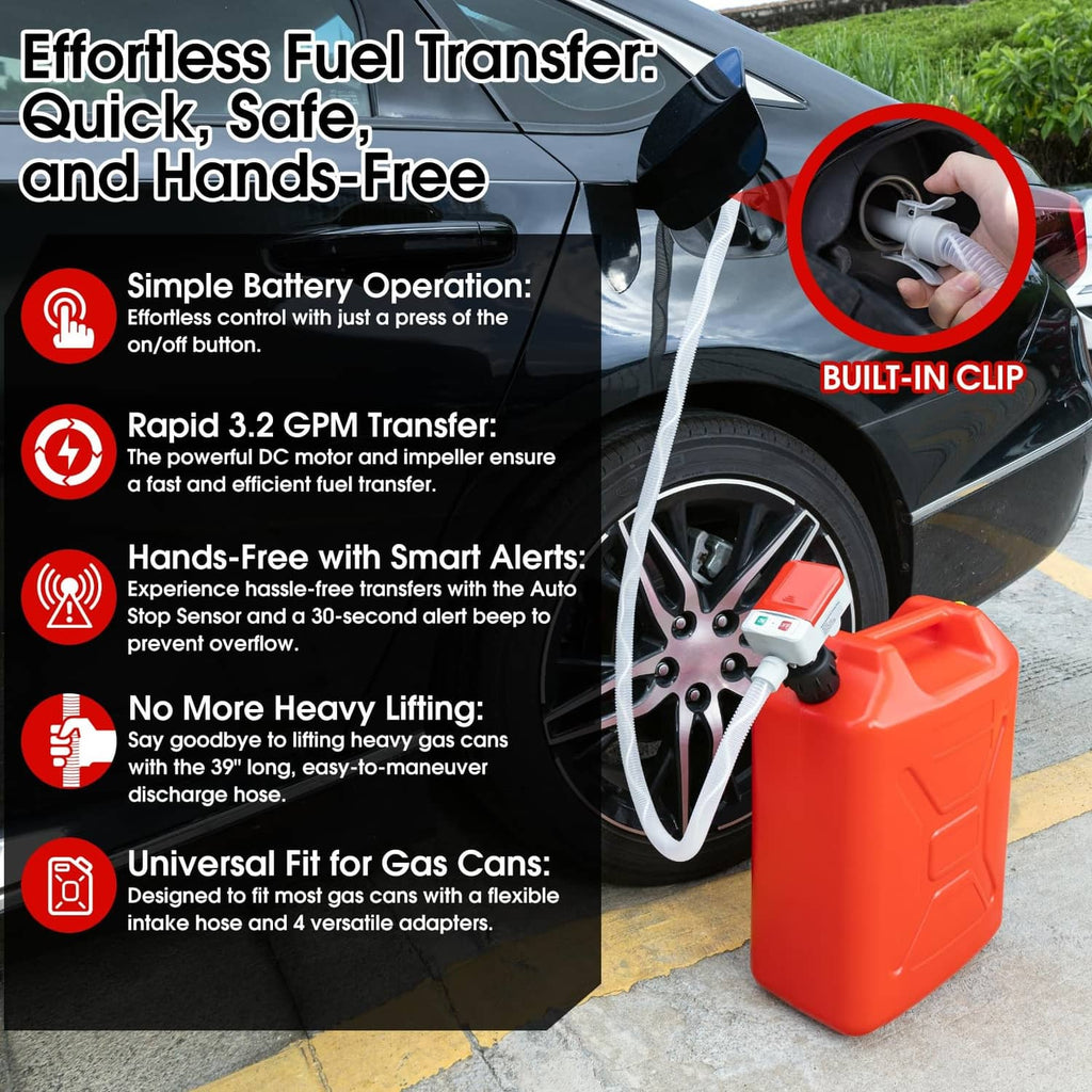 Red fuel transfer pump with built-in clip and hands-free nozzle for fuel transfer