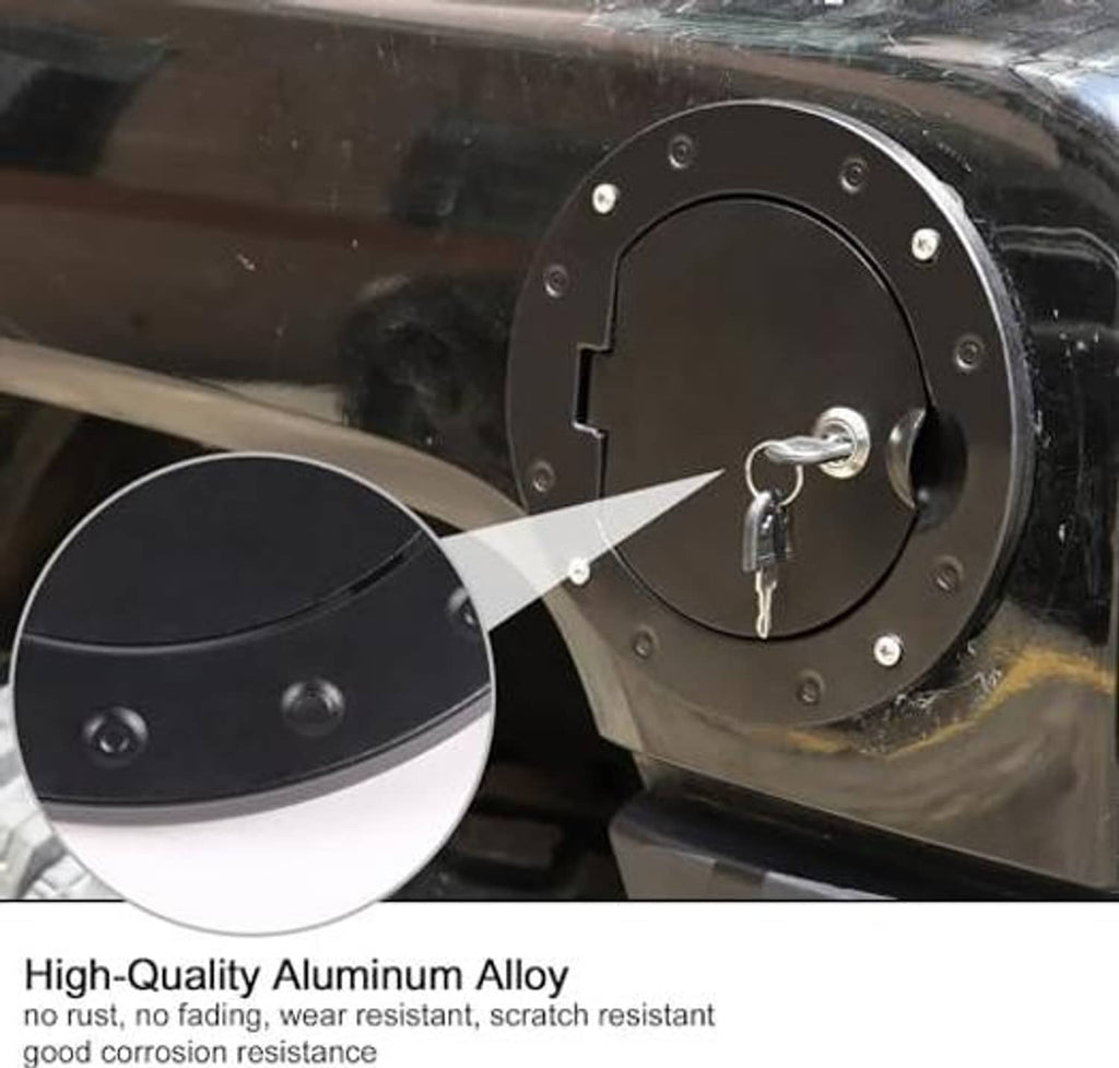 Black fuel filler door cover with key slot, key, and visible hinge latch