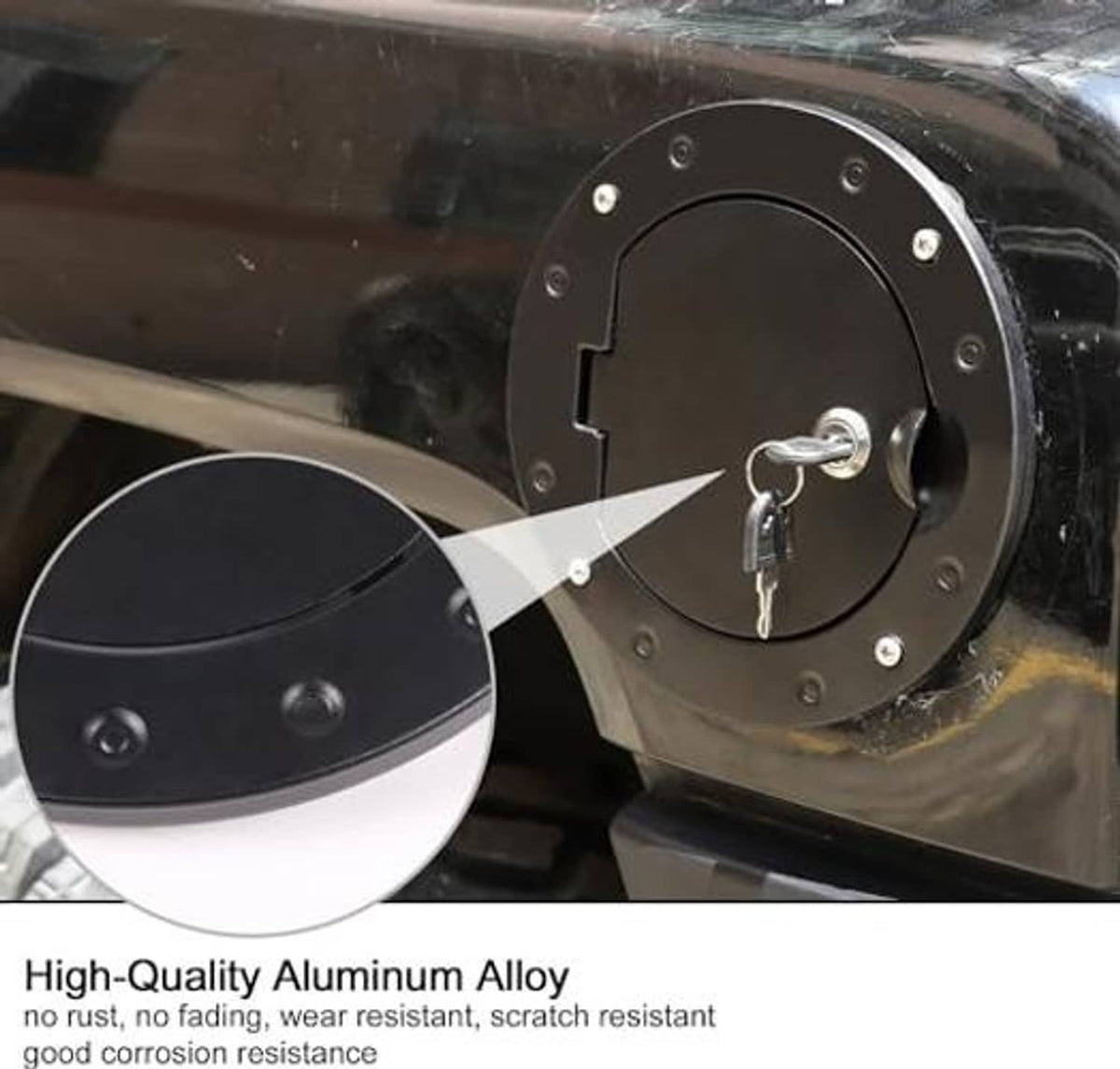 Black fuel filler door cover with key slot, key, and visible hinge latch