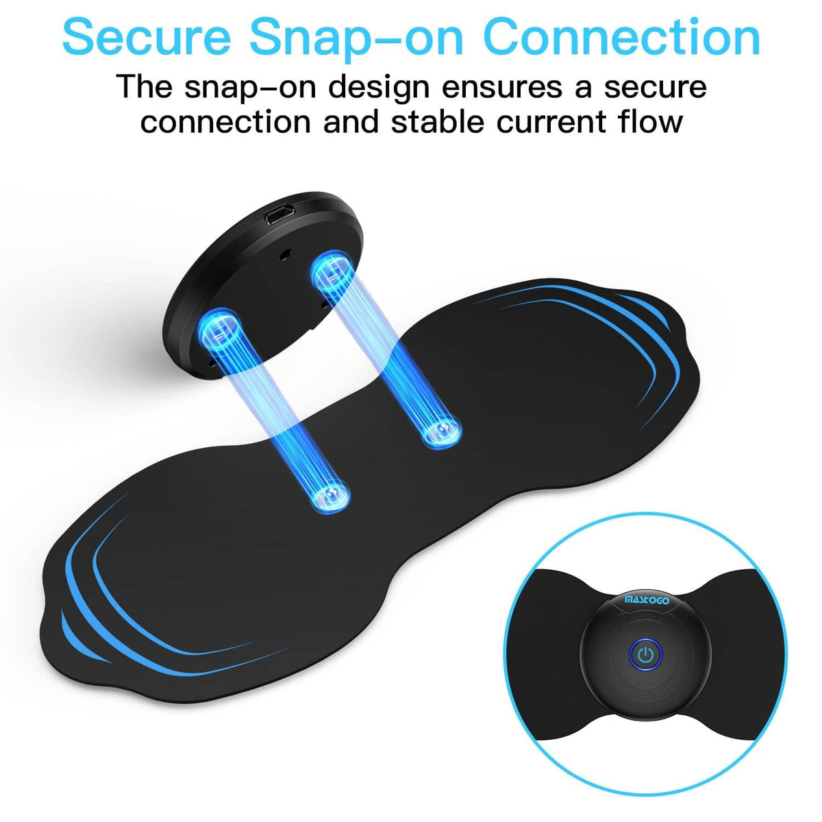 Electrode pads with snap-on connection points and blue current flow lines