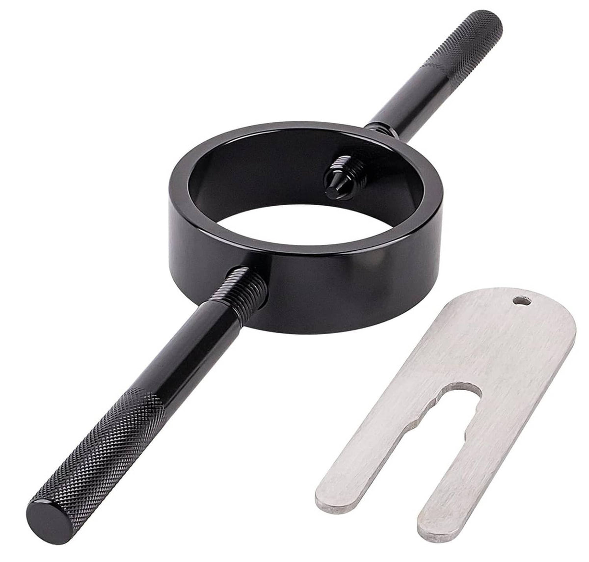 Motorcycle fork spring compressor ring tool with textured handle and silver fork oil gauge