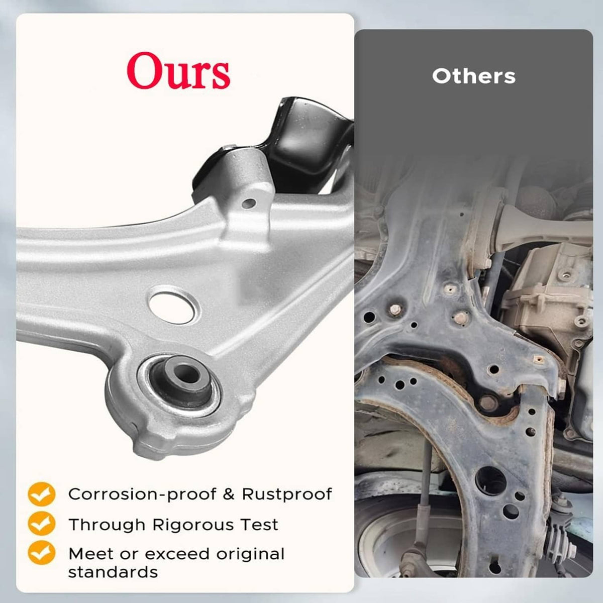 Comparison of silver control arm bushing areas for corrosion resistance versus bare metal