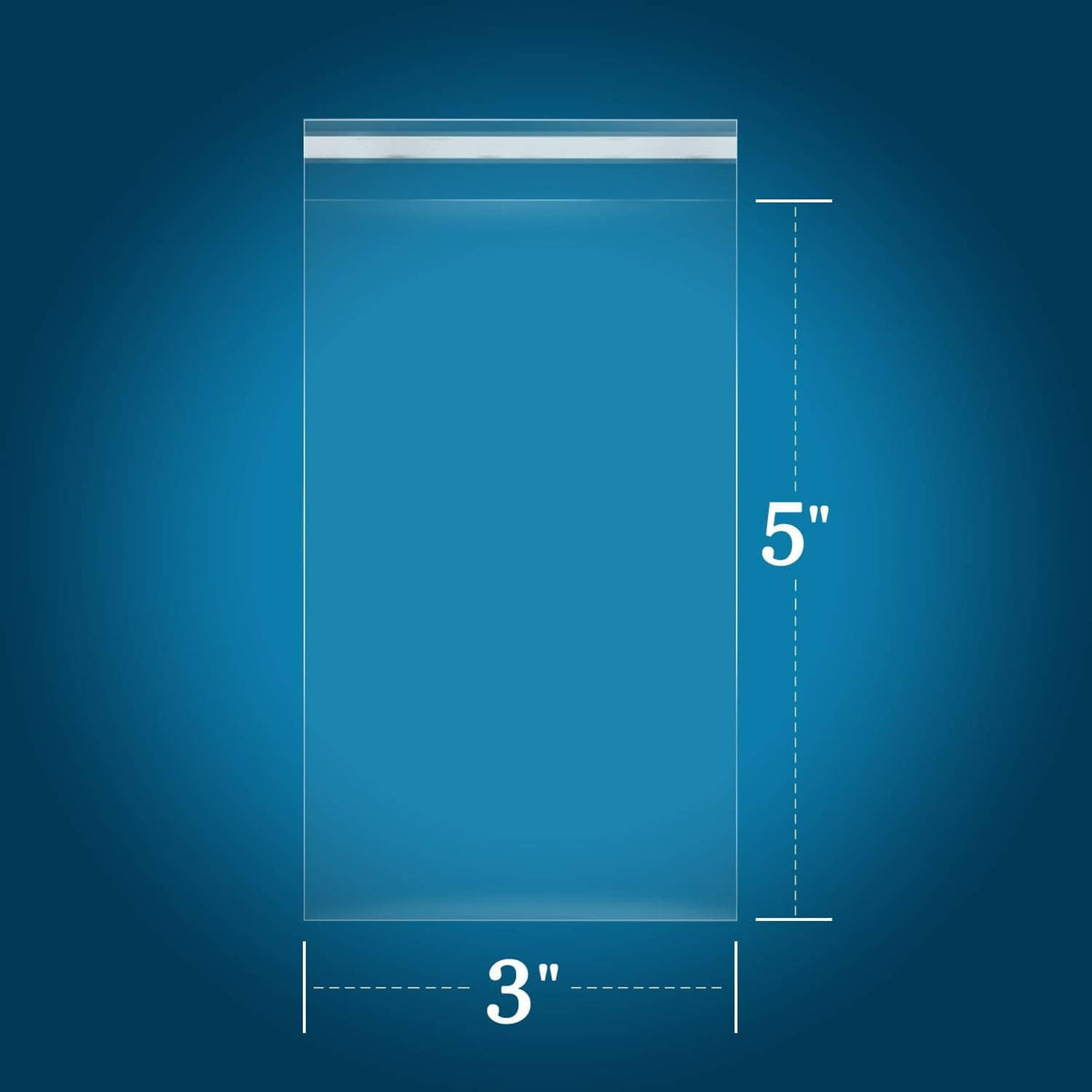 Clear self-sealing cellophane bag, 3 in x 5 in, flat front view