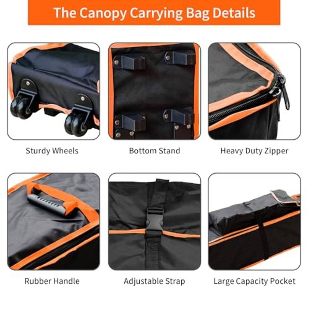 Black canopy carrying bag details: wheels, bottom stand, heavy-duty zipper