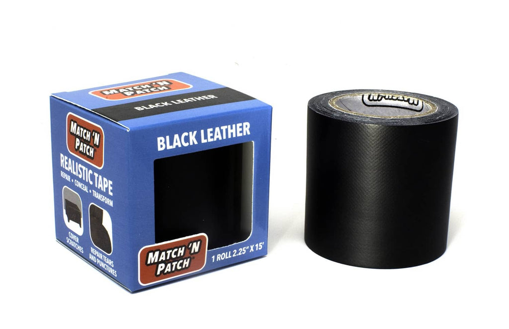 Match 'N Patch realistic leather repair tape kit with black leather roll and package.