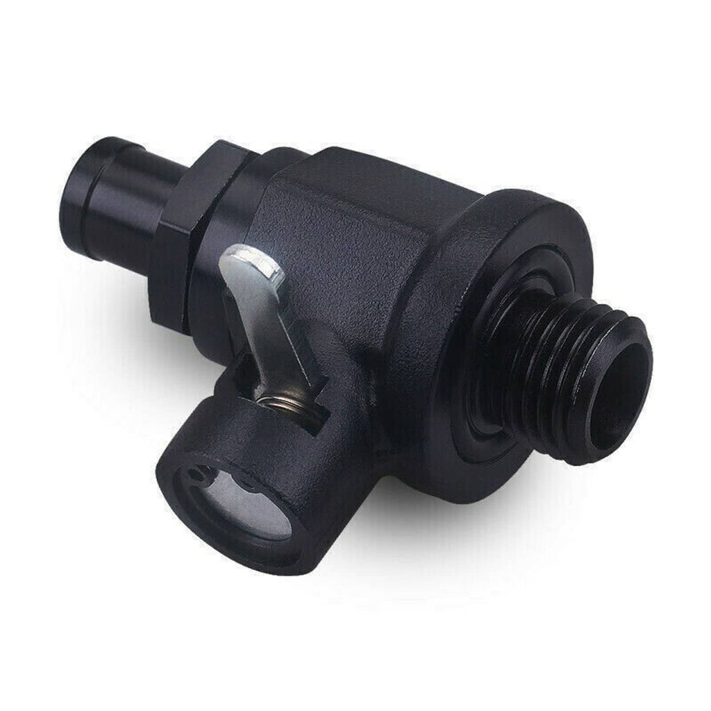 Black engine oil drain valve plug with threaded outlet and side mounting hole