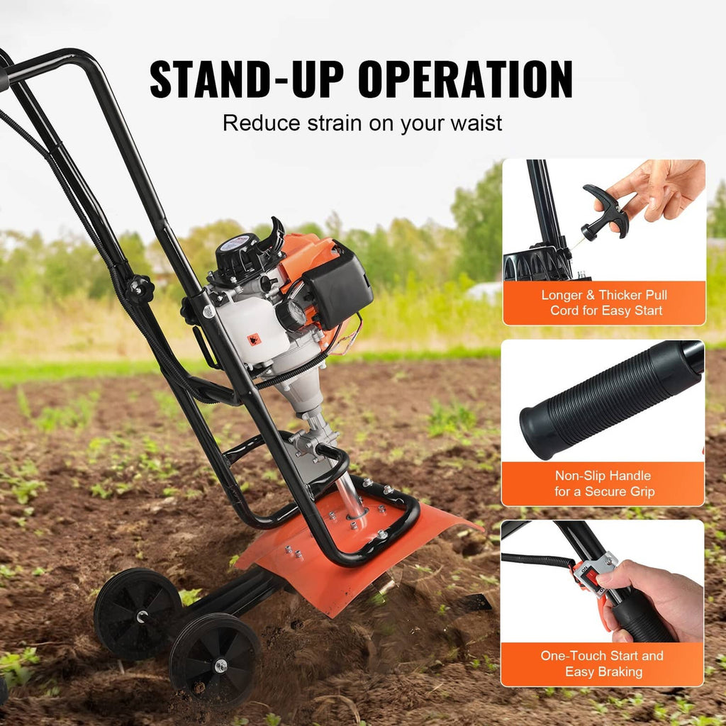 Stand-up operated gas tiller cultivator with black grips, orange engine housing, and wheels