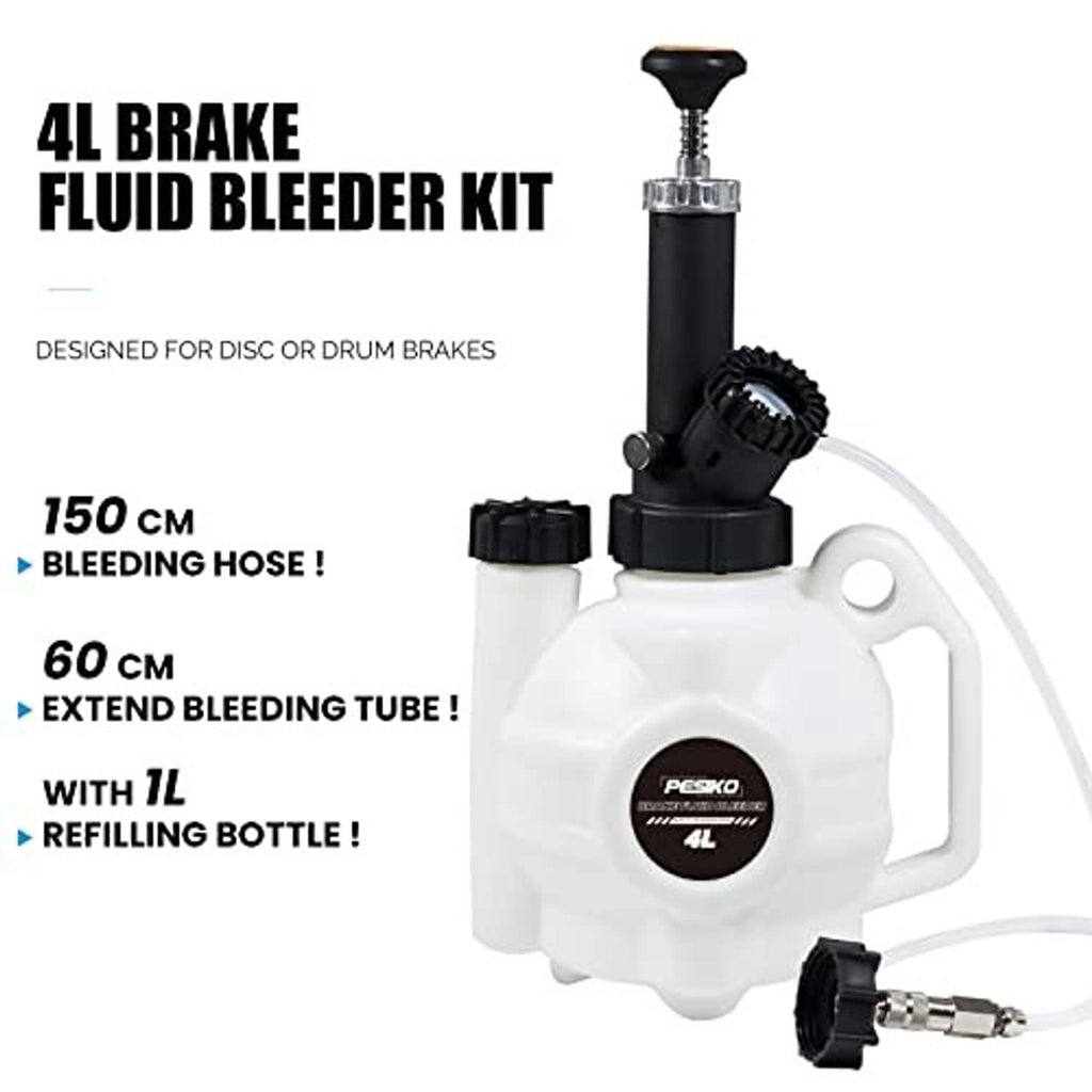 White 4L brake fluid bleeder reservoir with black pump, connected tubing and fittings
