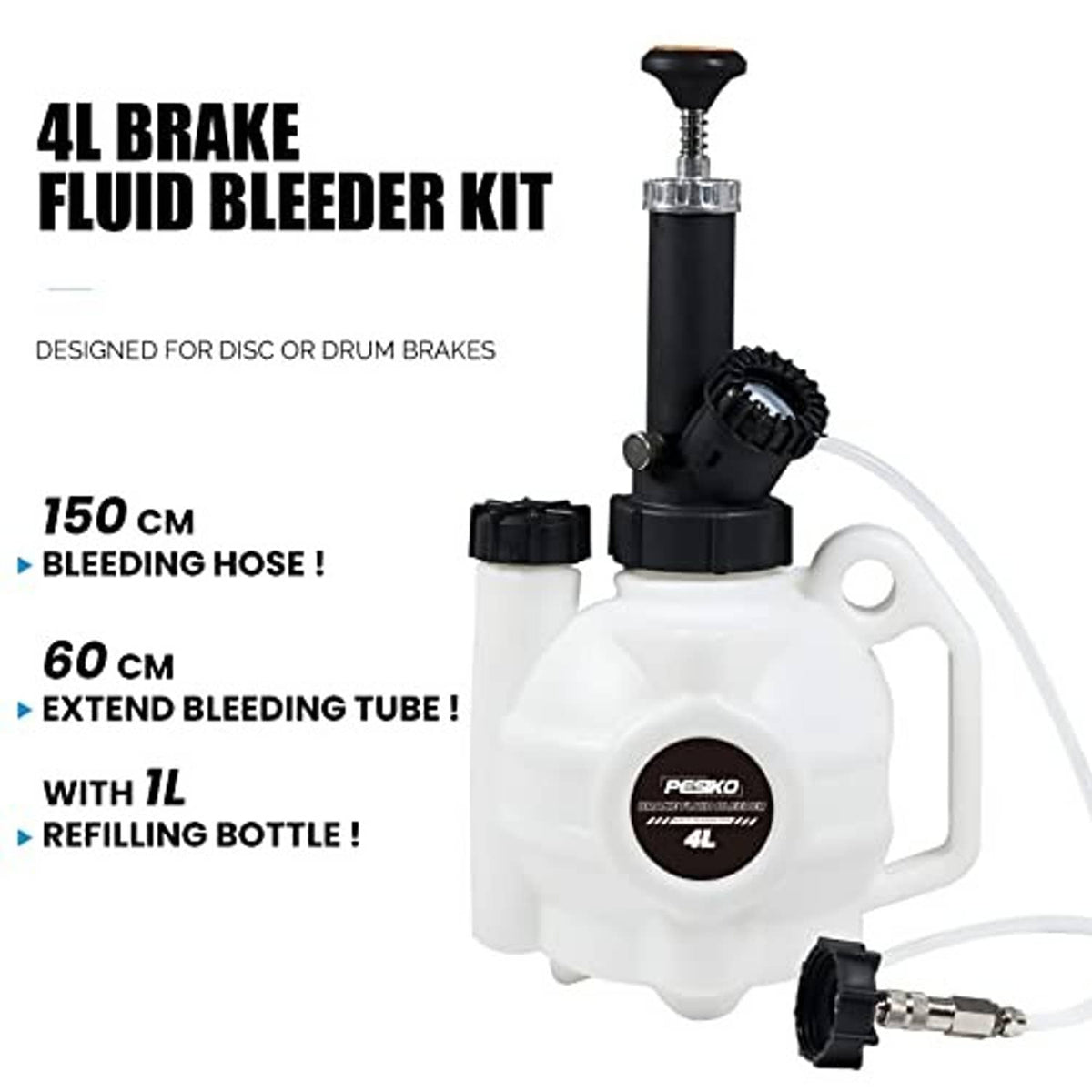 White 4L brake fluid bleeder reservoir with black pump, connected tubing and fittings