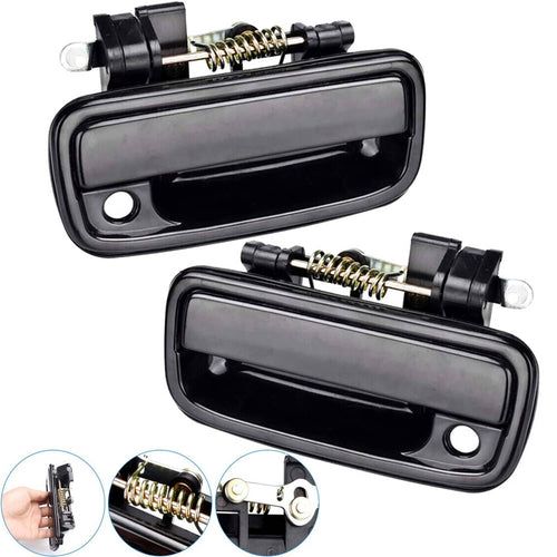 Black front exterior door handle pair with key holes and torsion spring mechanisms