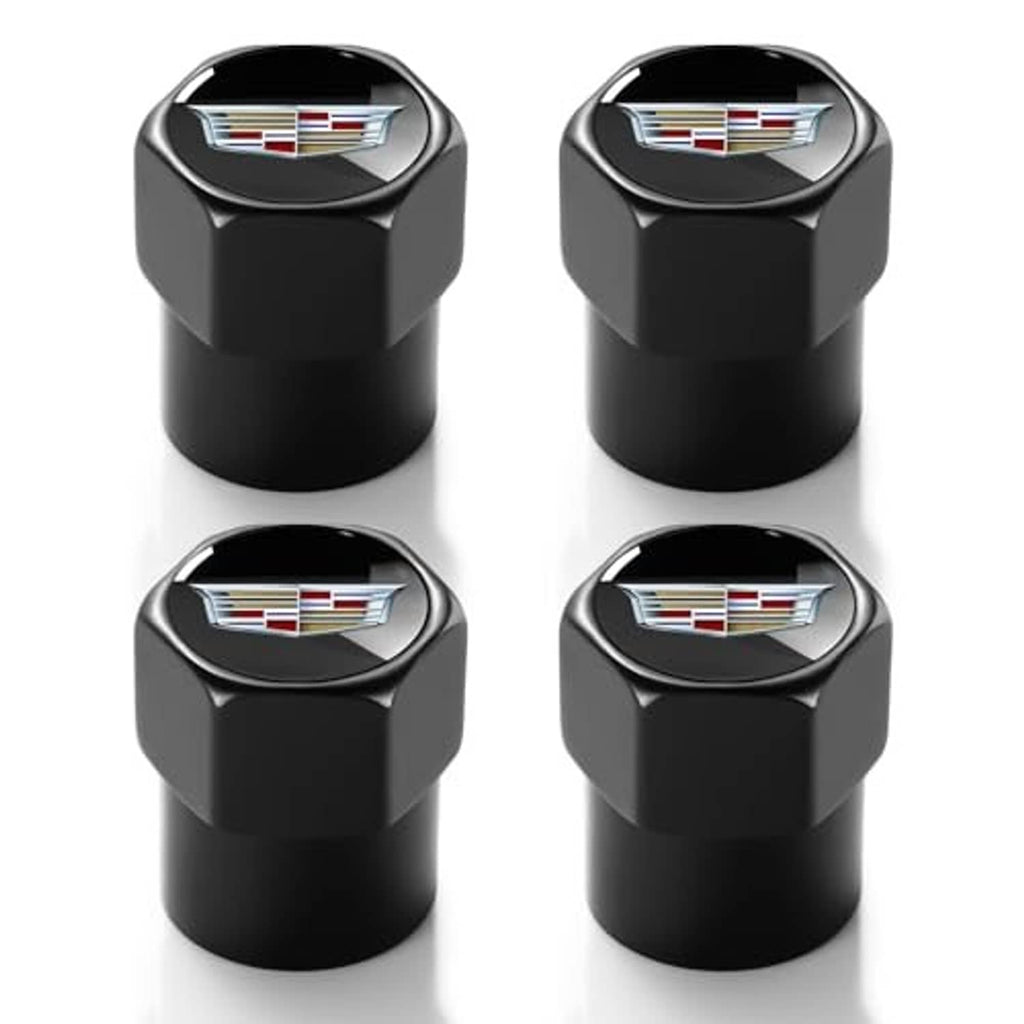 Set of four black metal tire valve stem caps with Cadillac emblem, chrome top