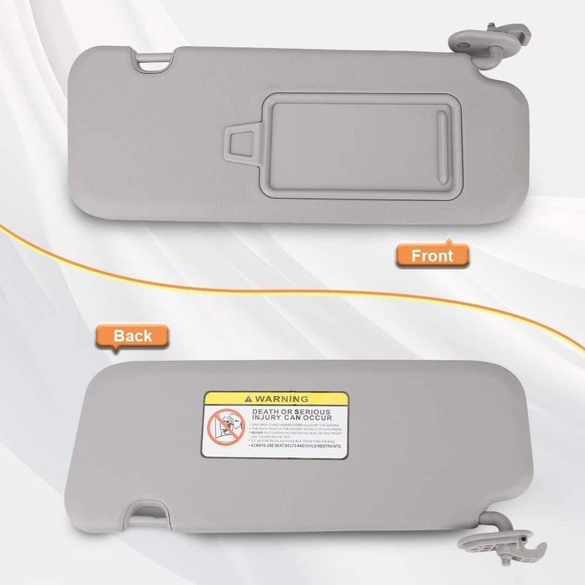Gray front and back sun visors with mirror windows and support clips