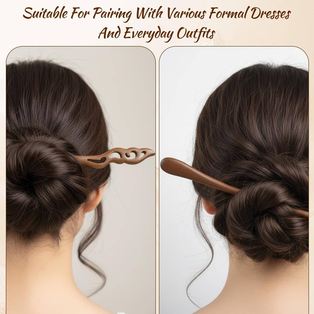 Brown wooden hair stick securing a low bun hairstyle