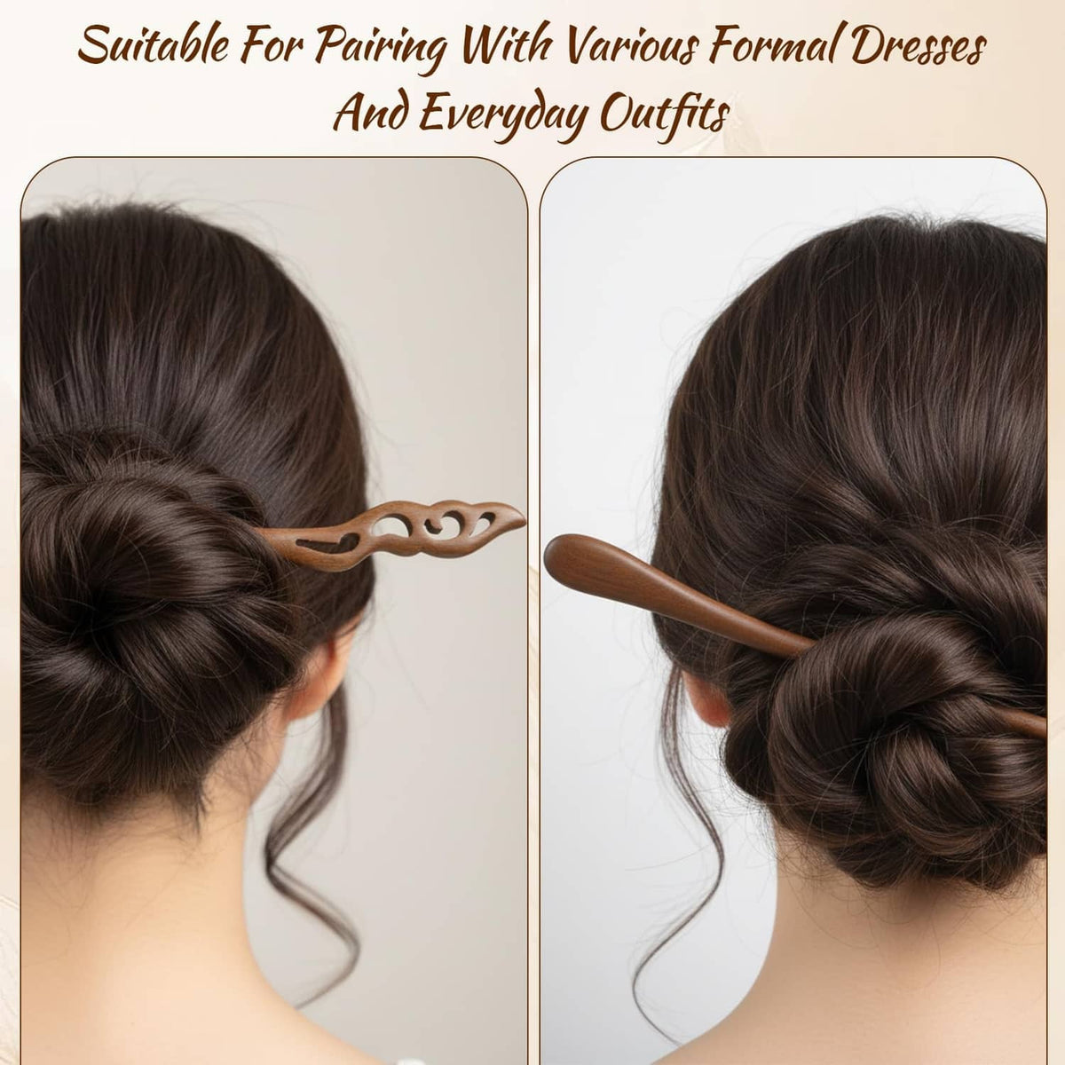 Brown wooden hair stick securing a low bun hairstyle