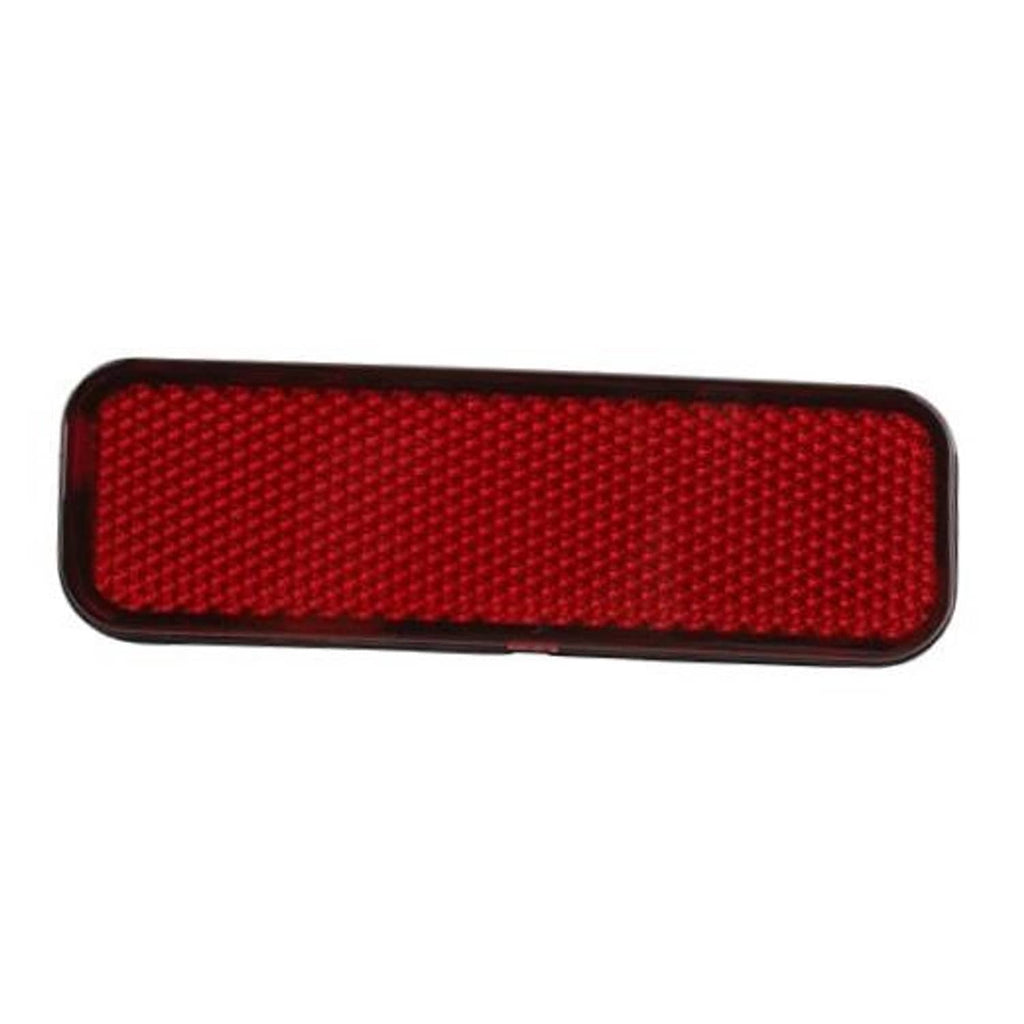 Red rear bumper reflector with textured lens and dark rounded trim, rectangular shape