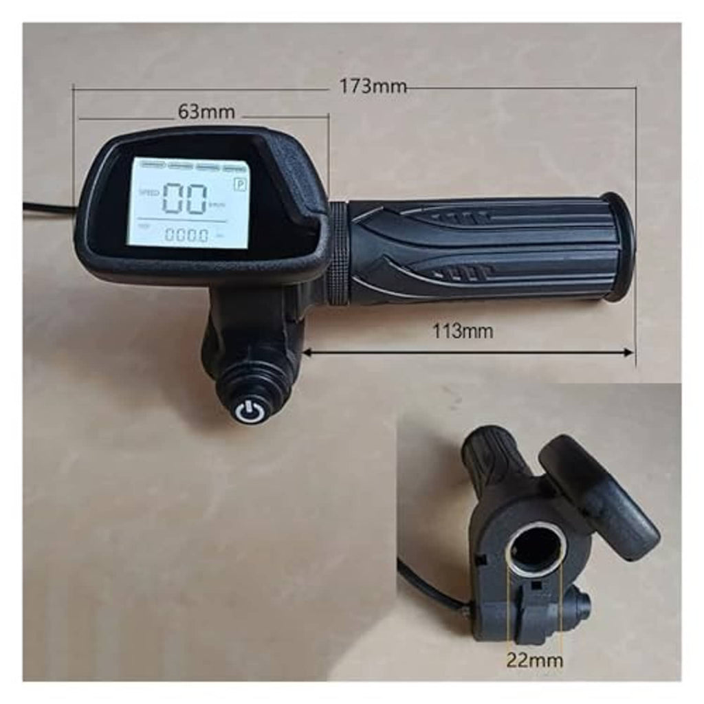 Electric bike handlebar throttle with LCD, black grips, and dimensioned parts view