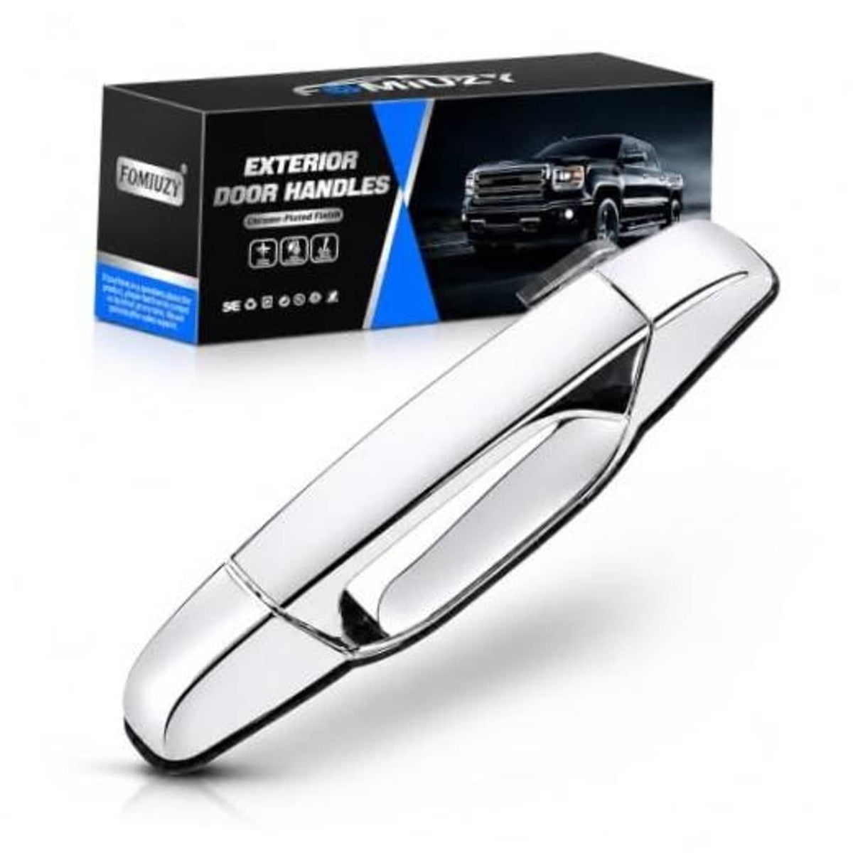 Chrome exterior door handle, streamlined curved shape with glossy finish