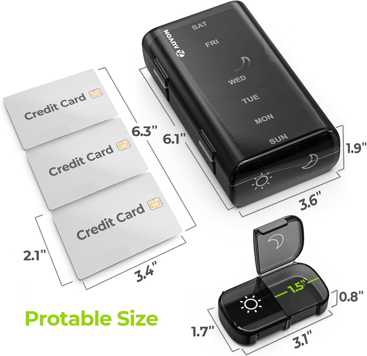 Compact weekly pill organizer with foldable hinged cover, shown next to credit cards