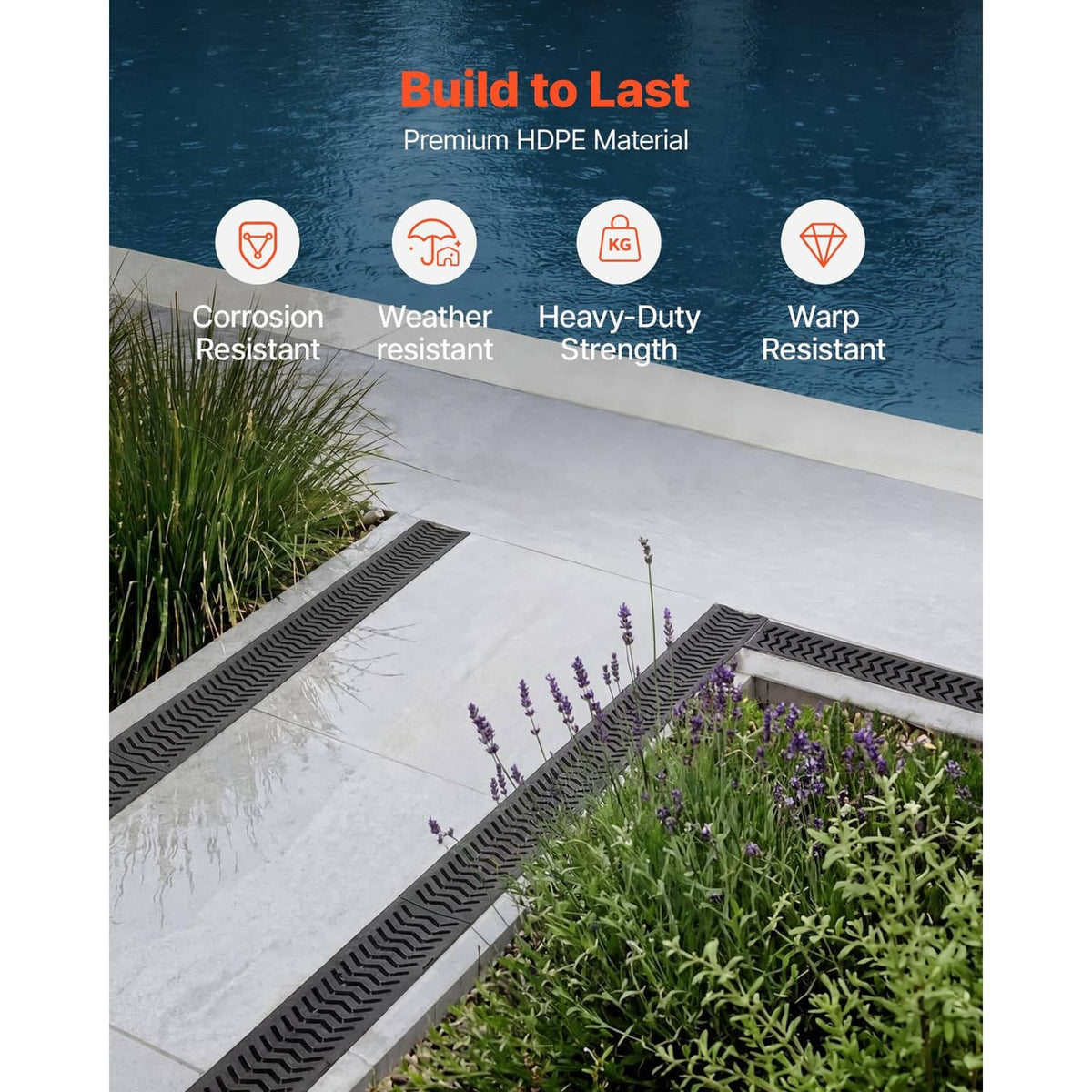 Linear drainage channel installed along a patio edge with grooved grate top