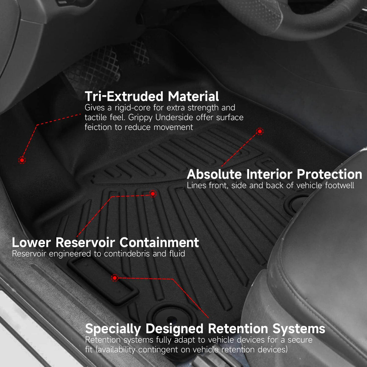 Black rubber floor mats with raised channels for interior footwell protection