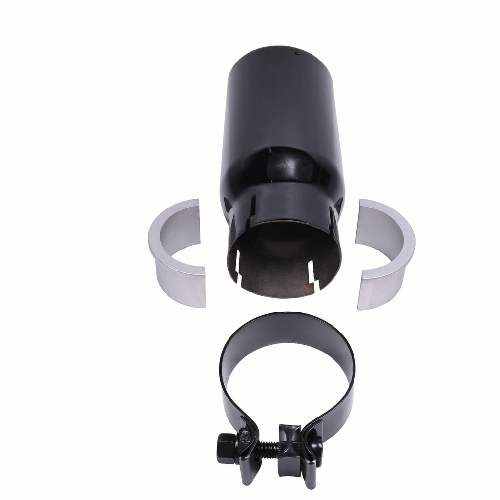 Black exhaust tip with two silver support clips and clamp ring, parts shown