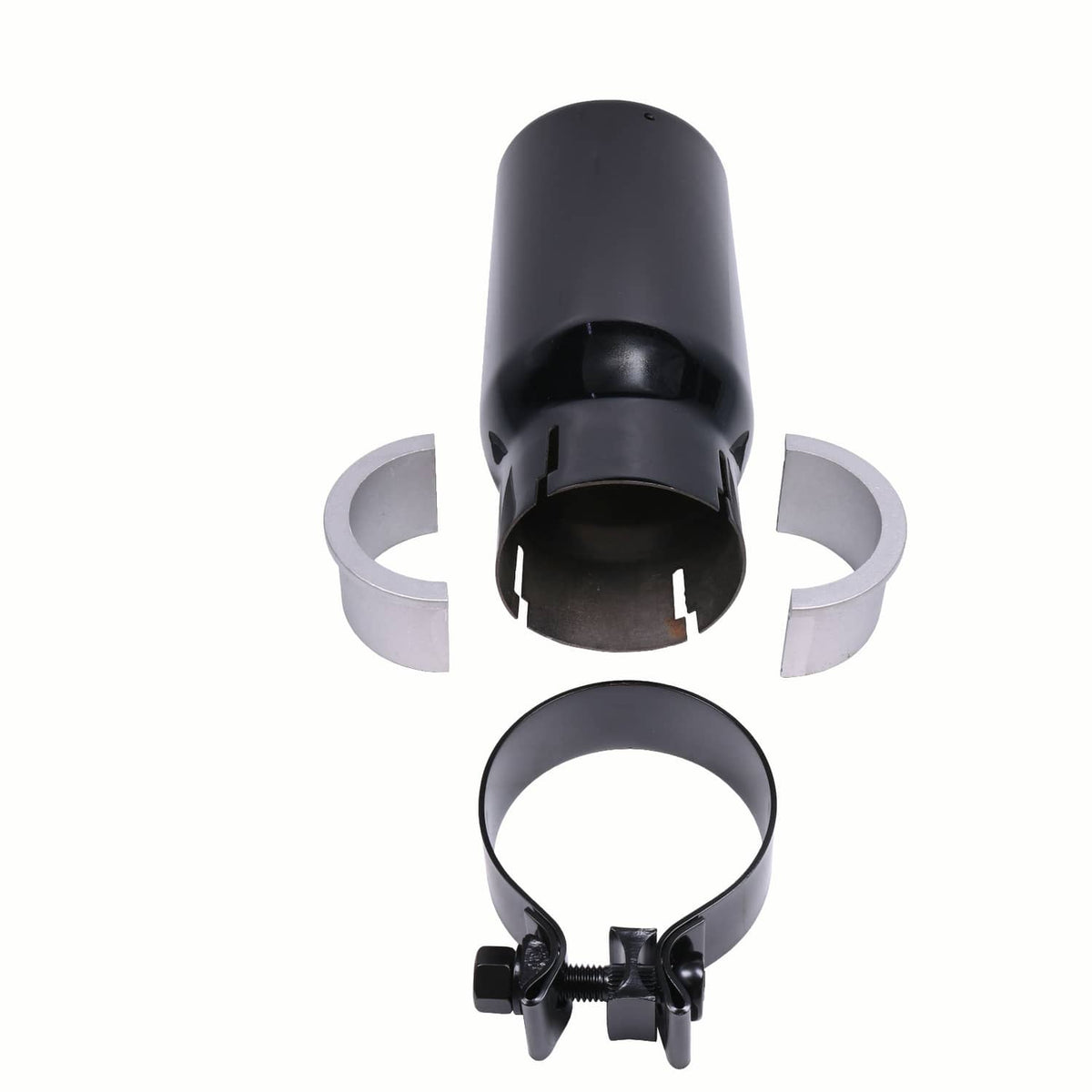 Black exhaust tip with two silver support clips and clamp ring, parts shown
