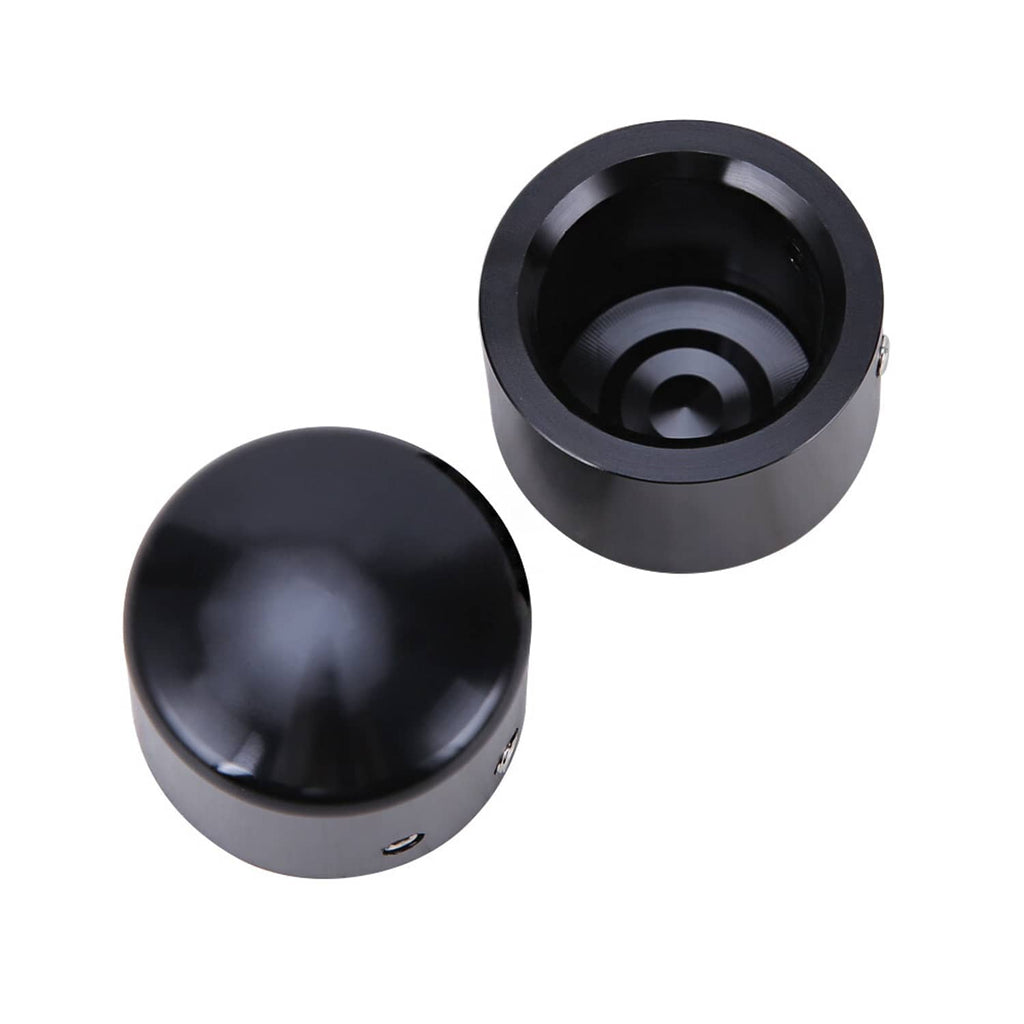Black front axle cap nut covers with open-ring base and domed top, two-piece set