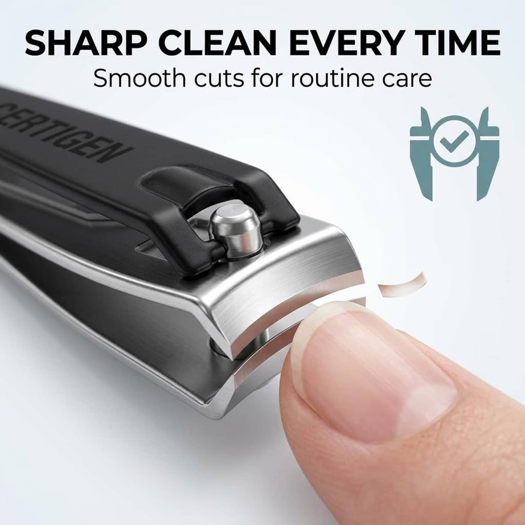 Metal nail clipper with black top lever, close-up of cutting head