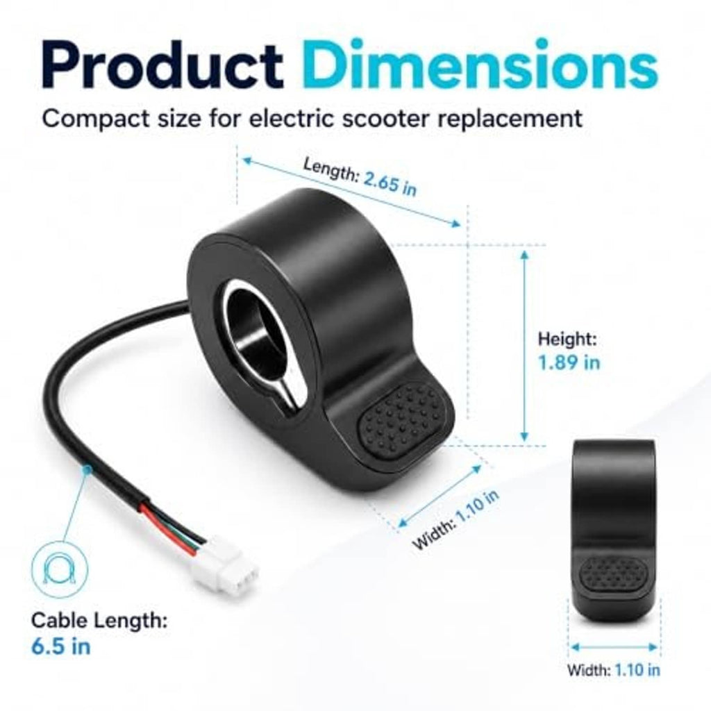 Thumb throttle replacement dimensions: 2.65 in length, 1.89 in height, 1.10 in width