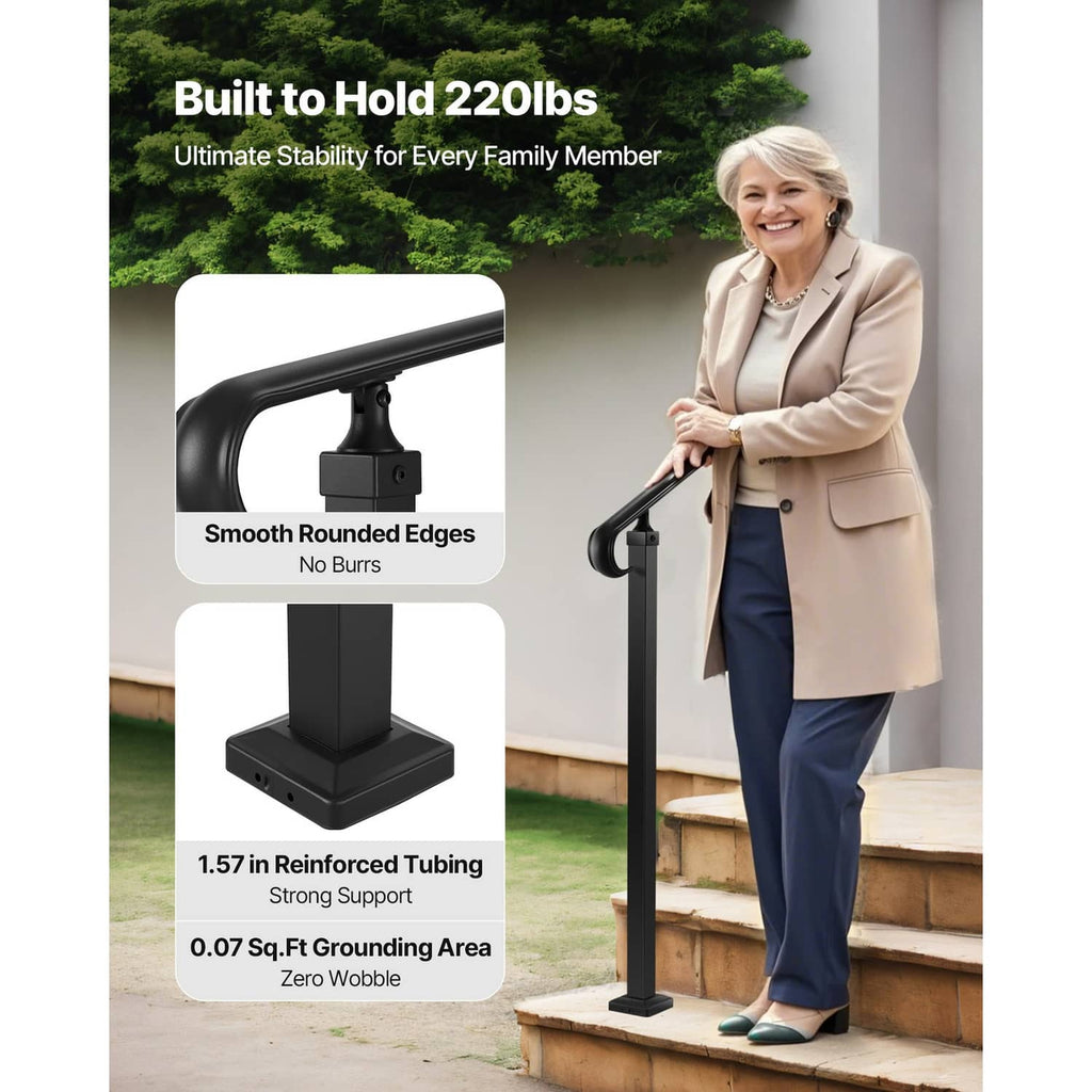 Outdoor stair handrail with rounded black rail and two sturdy posts beside steps