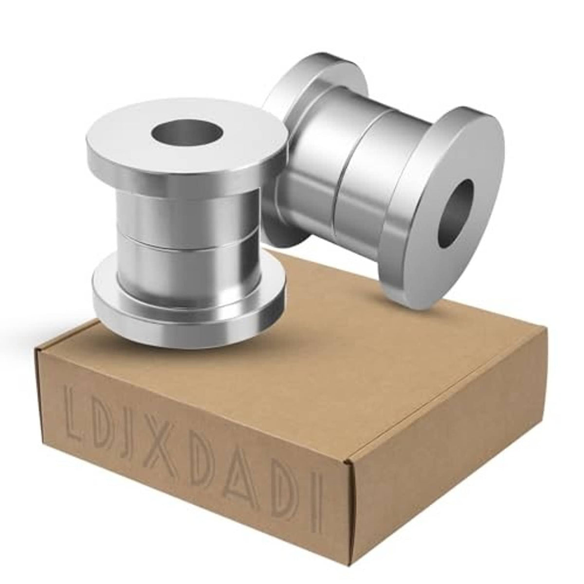 Pair of silver billet handlebar riser bushings with flat flange and center bore