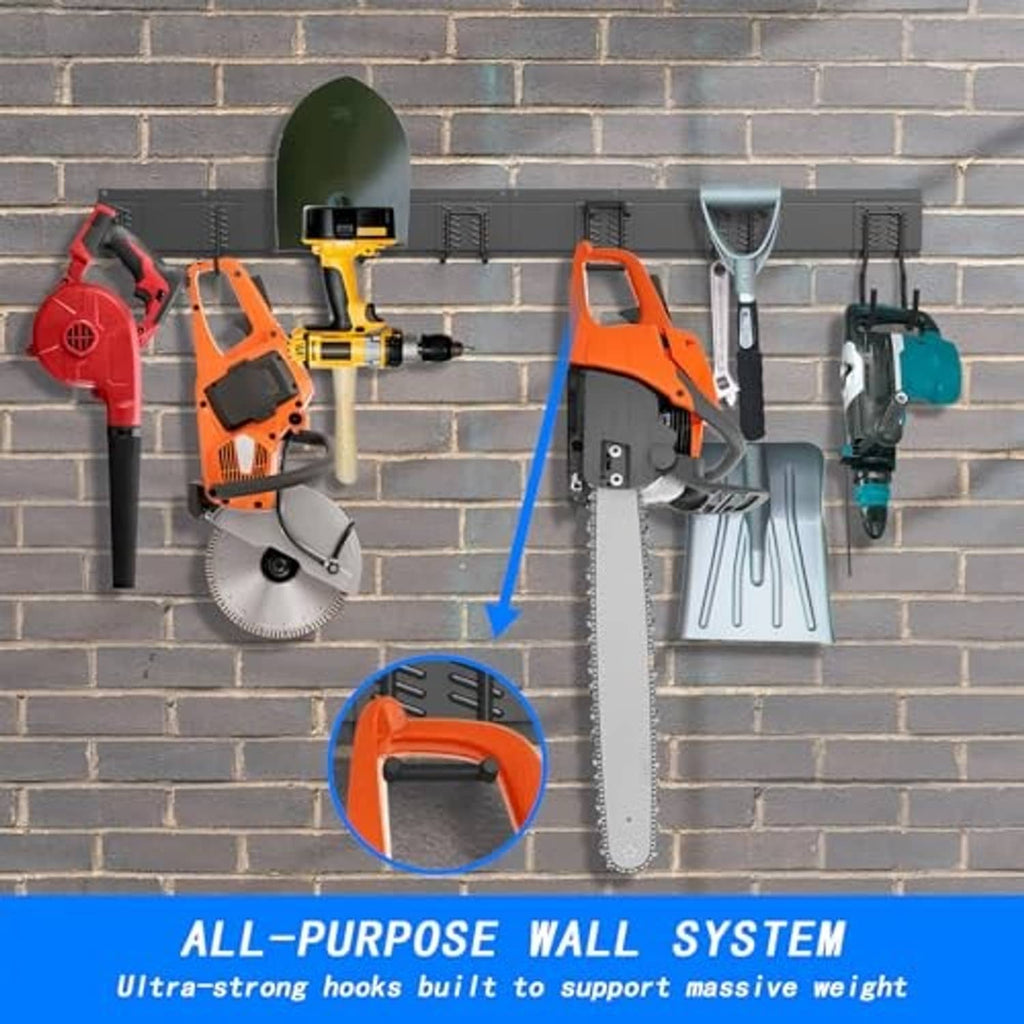 All-purpose wall tool system with black rack and mounted power tools and wrenches
