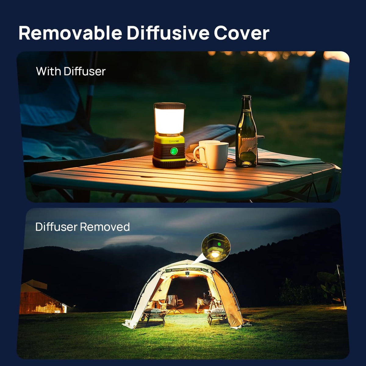Light green LED camping lantern with removable diffuser cover, glowing white light