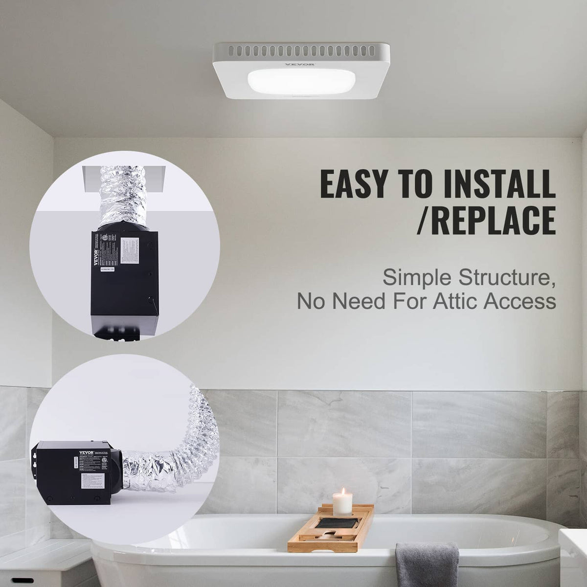 Bathroom exhaust fan with LED light and flexible duct connection for easy install