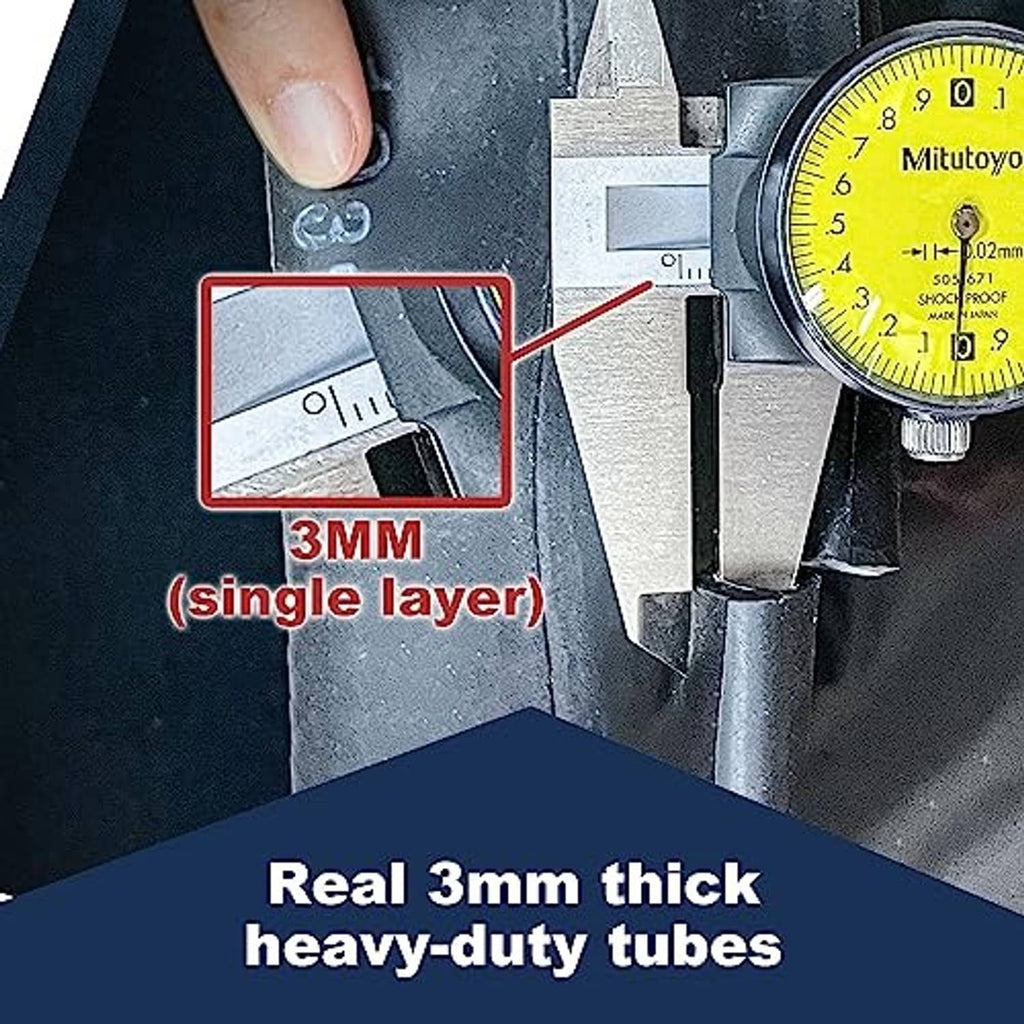 Black motorcycle inner tube thickness measurement with caliper tool