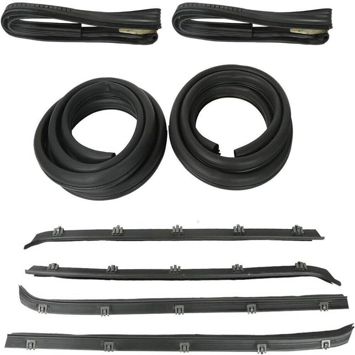Black door window run sweep felt weatherstrip seal kit, multiple rubber strips and clips