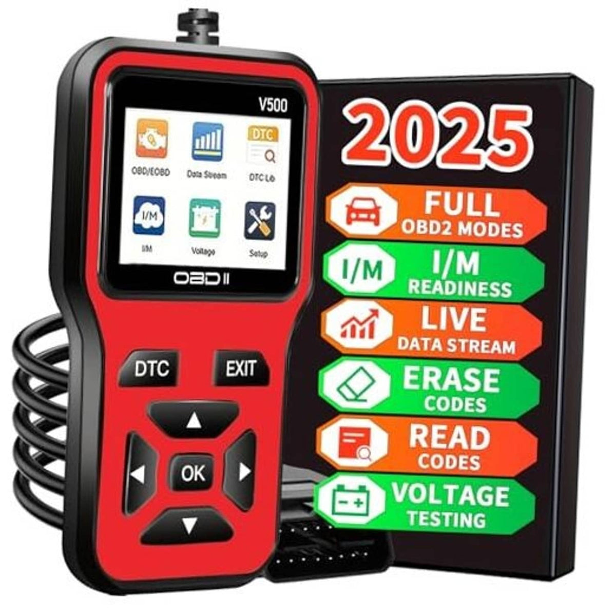 Red OBD2 diagnostic scanner, handheld with screen, DTC and Exit buttons