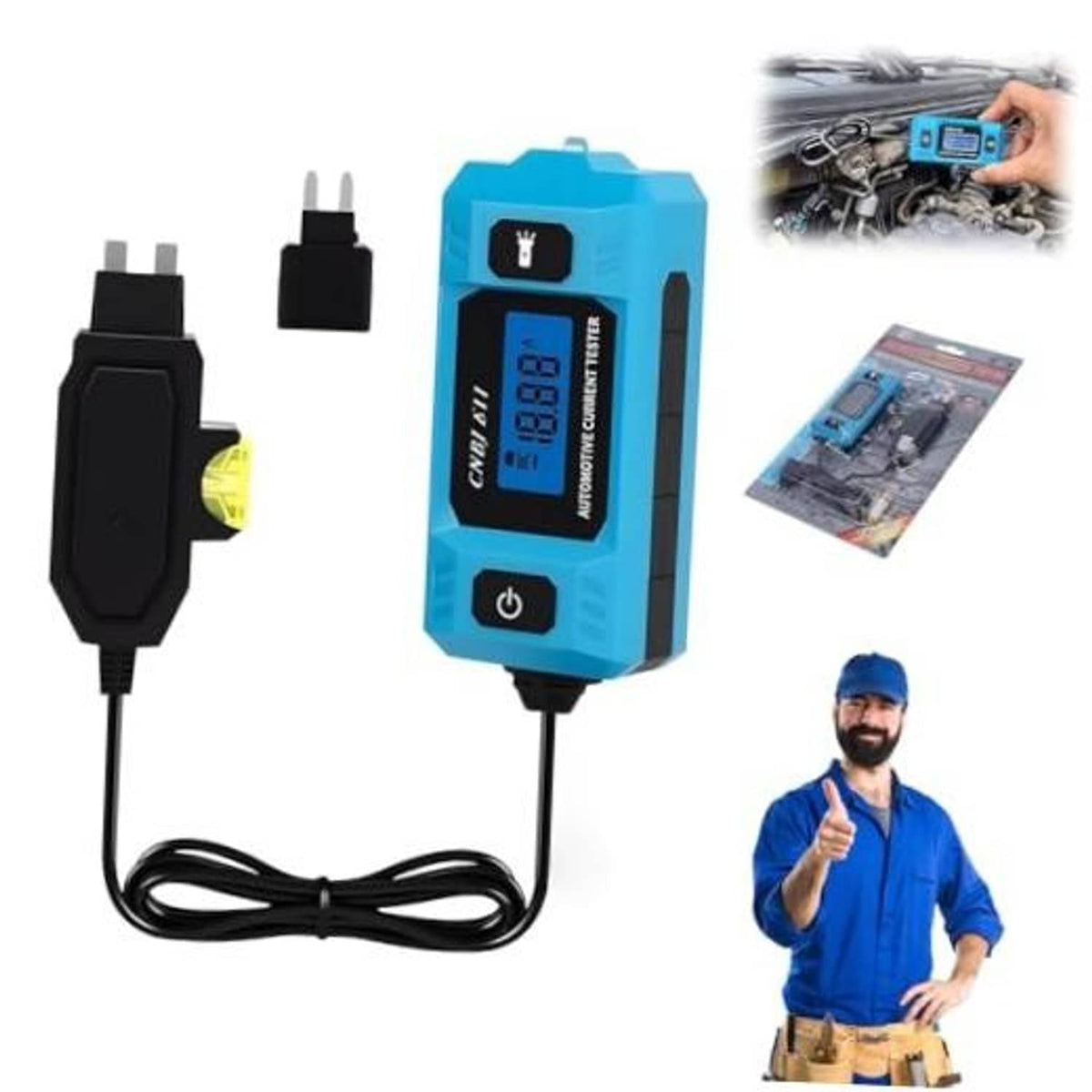Portable blue circuit fault probe tester with LCD screen and attached power lead