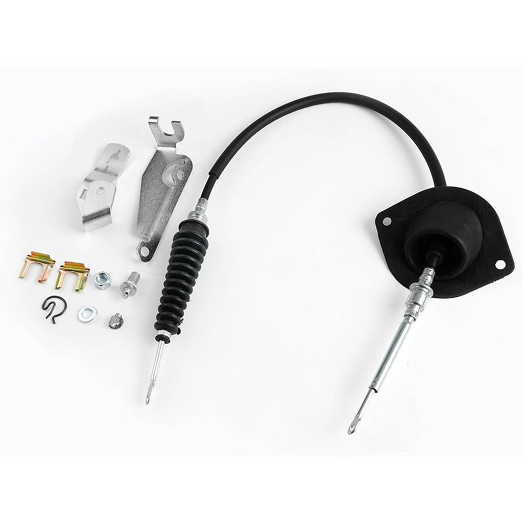 Transmission shift cable assembly with black mounting flange, coiled damper, and hardware