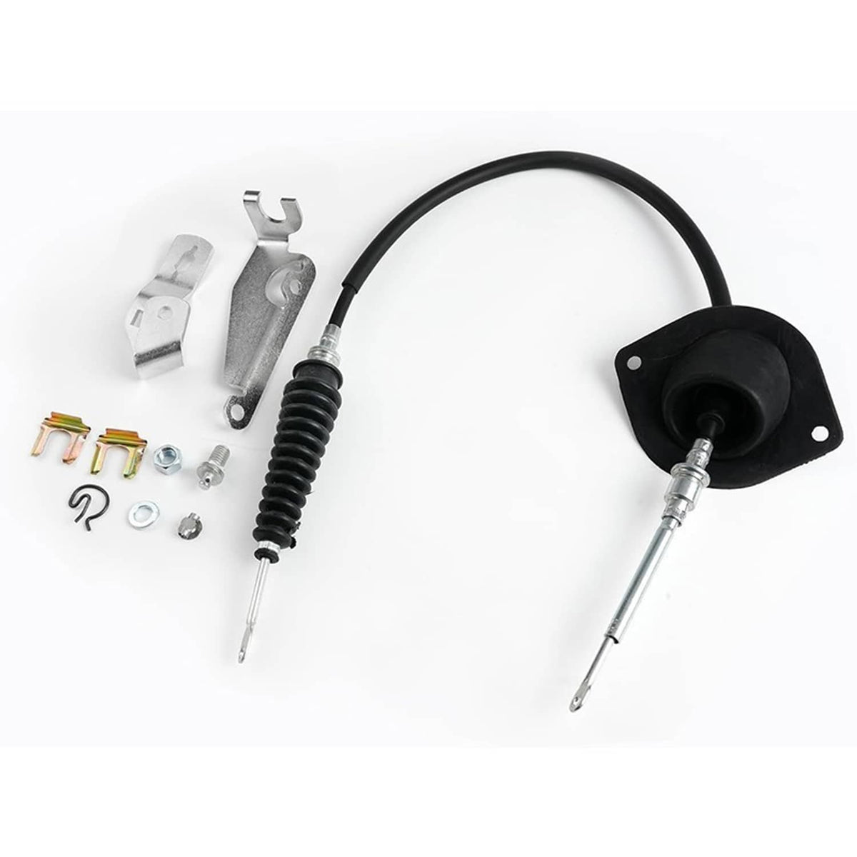 Transmission shift cable assembly with black mounting flange, coiled damper, and hardware